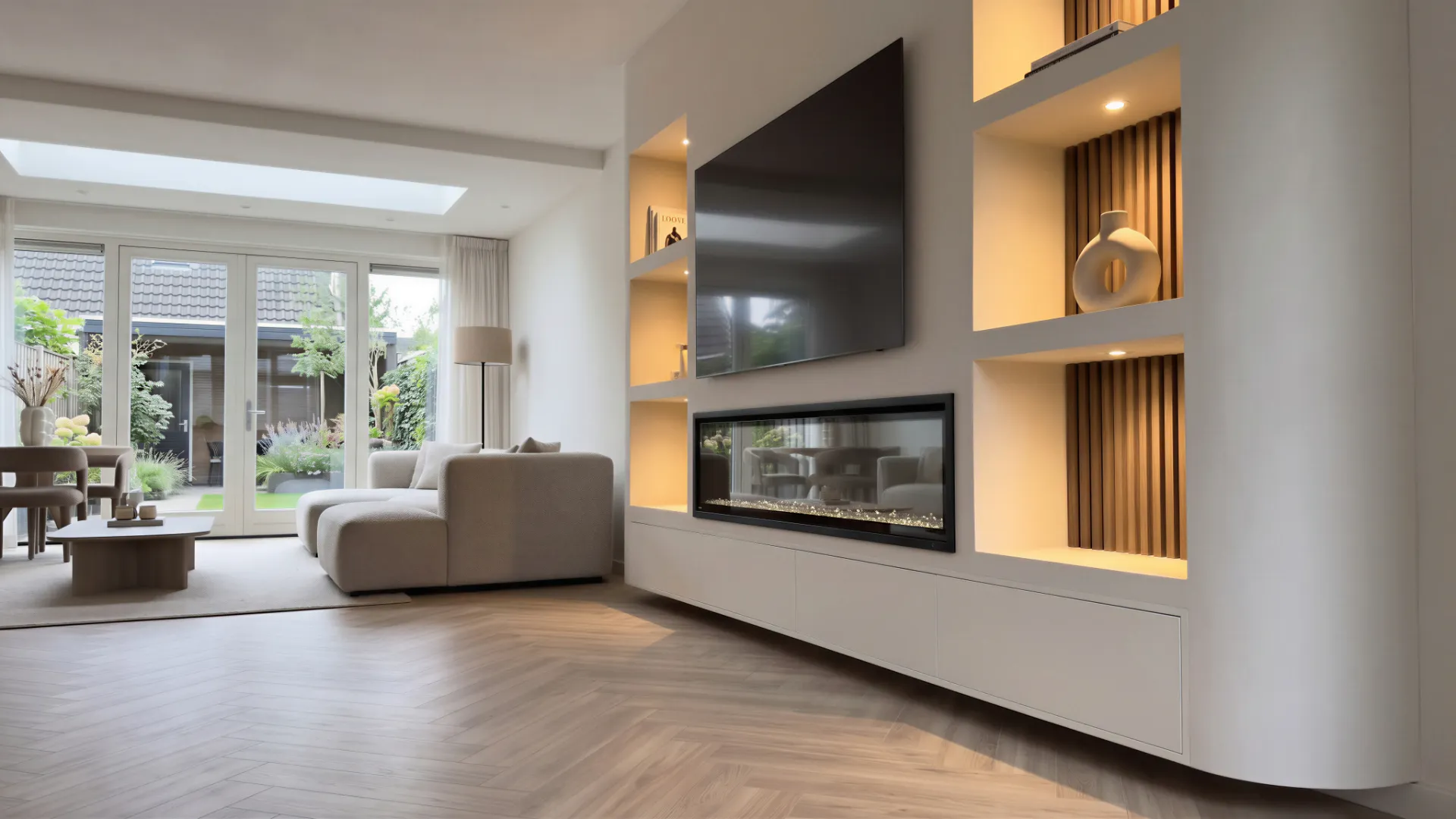 Japandi cinewall met inbouwhaard van 165 cm, 75 inch tv, suèdelook wandpanelen in de vakken, inbouwspots en zwevend meubel van 300 cm, voorbeeld van cinewallcenter