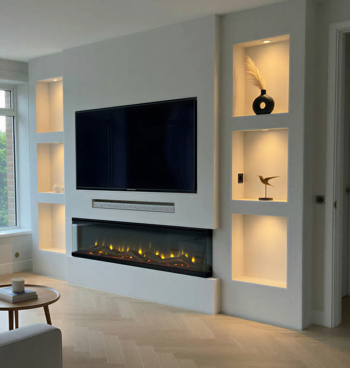 Cinewall met inbouwhaard, soundbarvak en 6 verlichte vakken met spots, voorbeeld van cinewallcenter