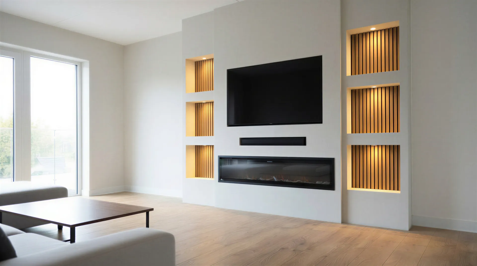 Cinewall met inbouwhaard, soundbarvak, 6 verlichte vakken met spots en wandpanelen in de vakken, voorbeeld van cinewallcenter
