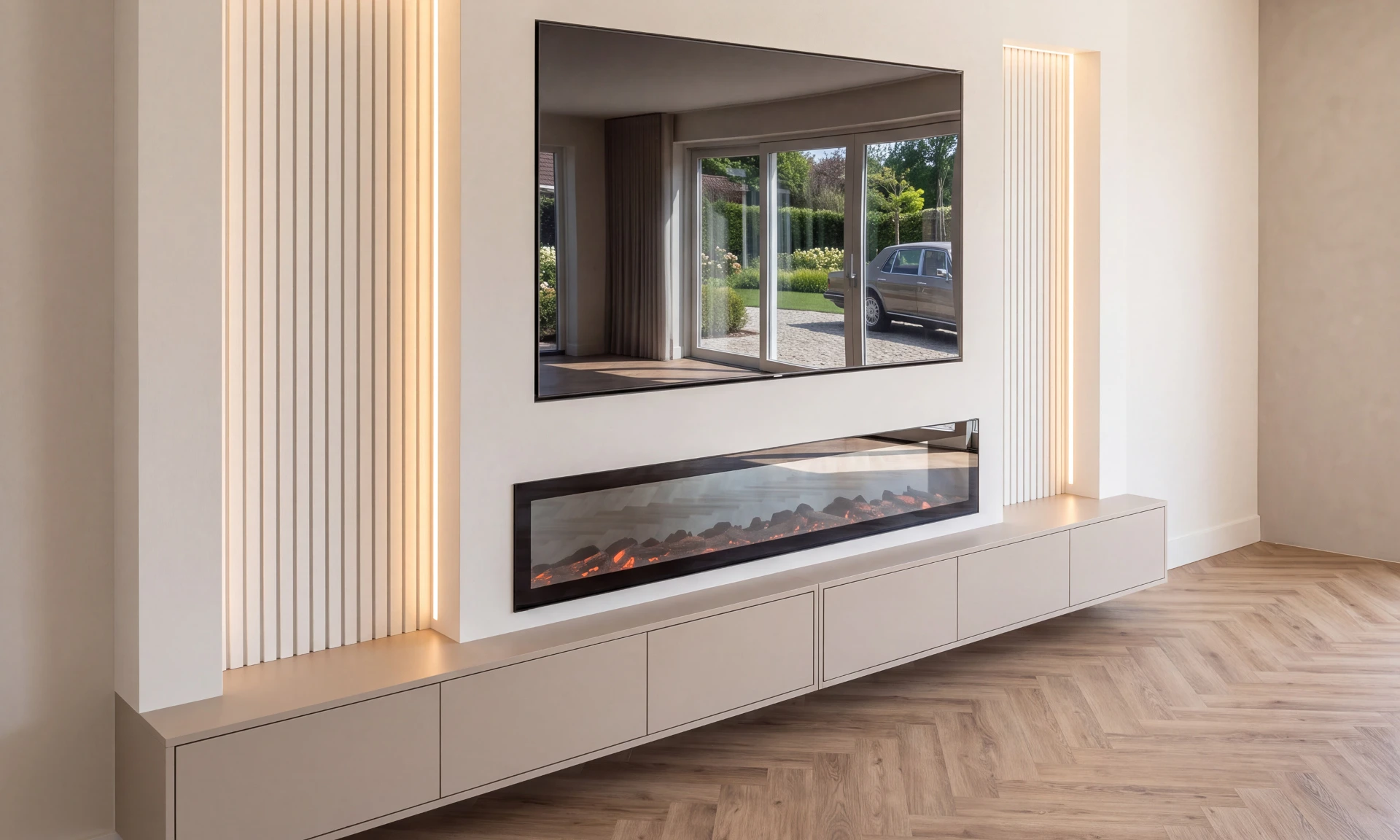 Cinewall met sfeerhaard, verlichte wandpanelen en zwevend meubel, voorbeeld van cinewallcenter