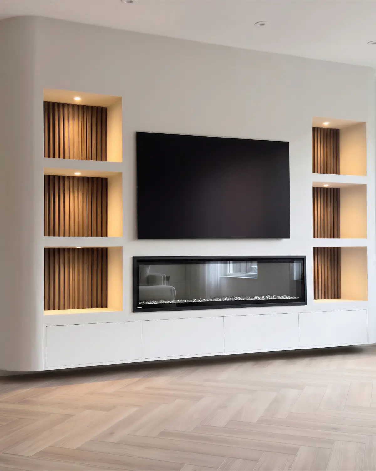 Japandi cinewall met inbouwhaard van 165 cm, 6 verlichte vakken met wandpanelen en meubel van 300 cm, voorbeeld van cinewallcenter