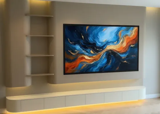 Cinewall zonder haard met open vakken, ledstrip en meubel, voorbeeld van cinewallcenter